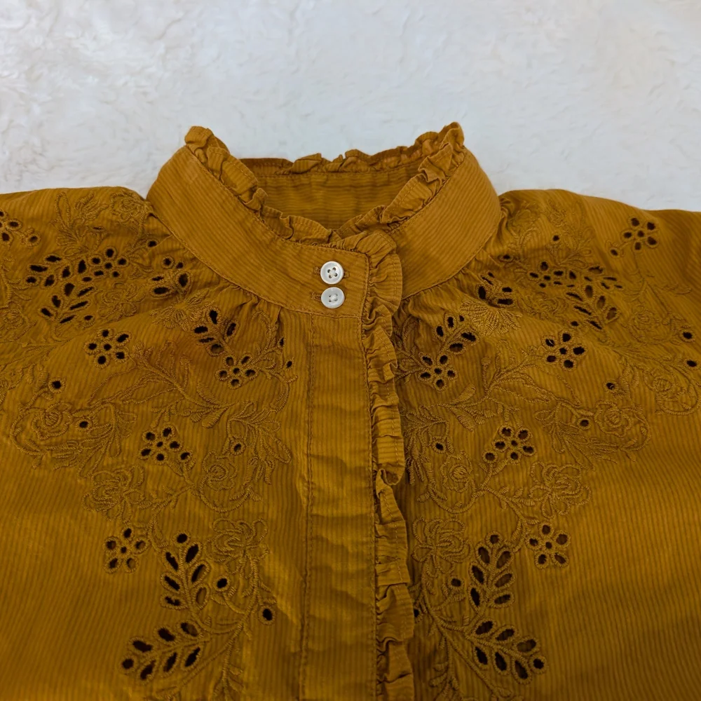 J. Crew Women's Embroidered Blouse XS Mustard Yellow Mockneck (0034)